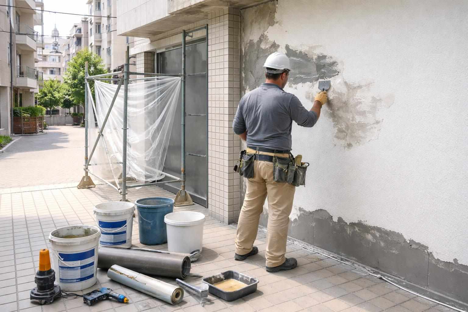 示意圖顯示台中住宅外牆防水及壁癌修繕施工情況。