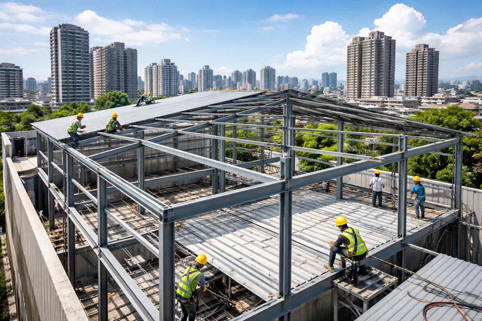 示意圖：台中鐵棟鐵皮增建工程施工現場的鋼架與施工情況。
